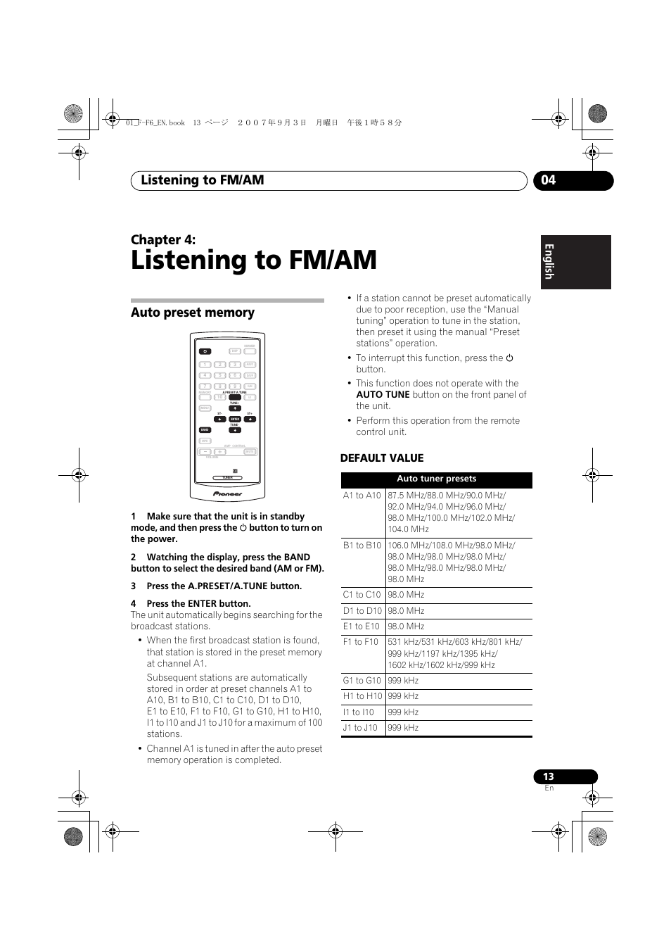 04 listening to fm/am, Auto preset memory, Listening to fm/am | Listening to fm/am 04, Chapter 4, Default value | Pioneer F-F6-J User Manual | Page 13 / 182