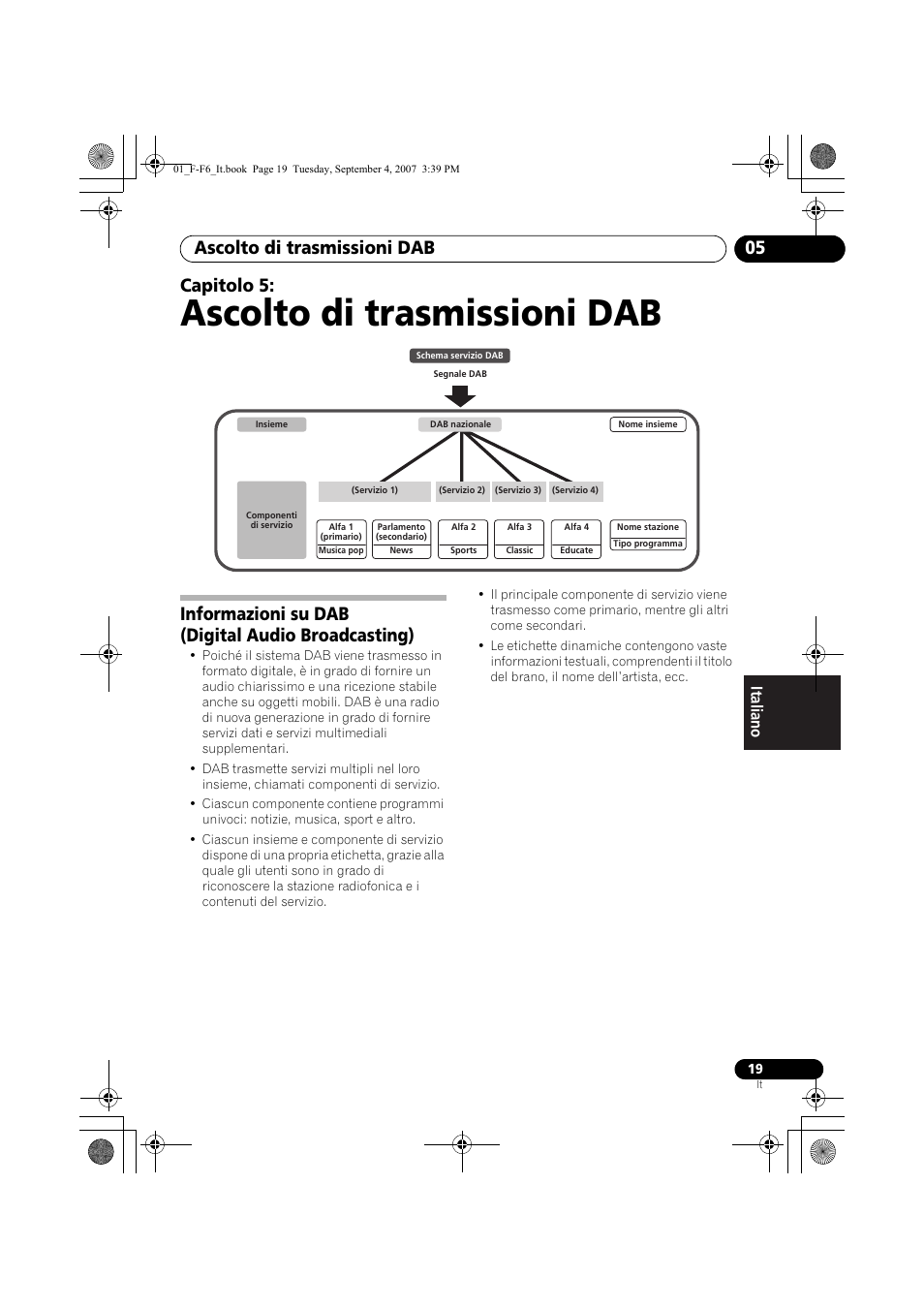 05 ascolto di trasmissioni dab, Informazioni su dab (digital audio broadcasting), Ascolto di trasmissioni dab | Ascolto di trasmissioni dab 05, Capitolo 5 | Pioneer F-F6-J User Manual | Page 139 / 182