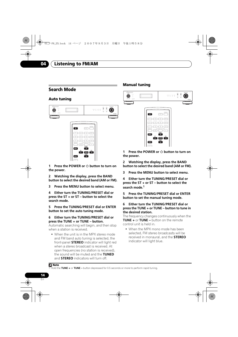 Search mode, Listening to fm/am 04, Auto tuning | Manual tuning, Standby | Pioneer F-F6-J User Manual | Page 14 / 182