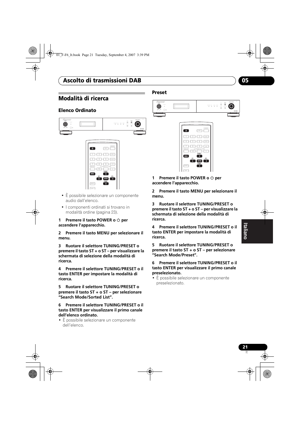 Modalità di ricerca, Ascolto di trasmissioni dab 05, Elenco ordinato | Preset, Standby | Pioneer F-F6-J User Manual | Page 141 / 182