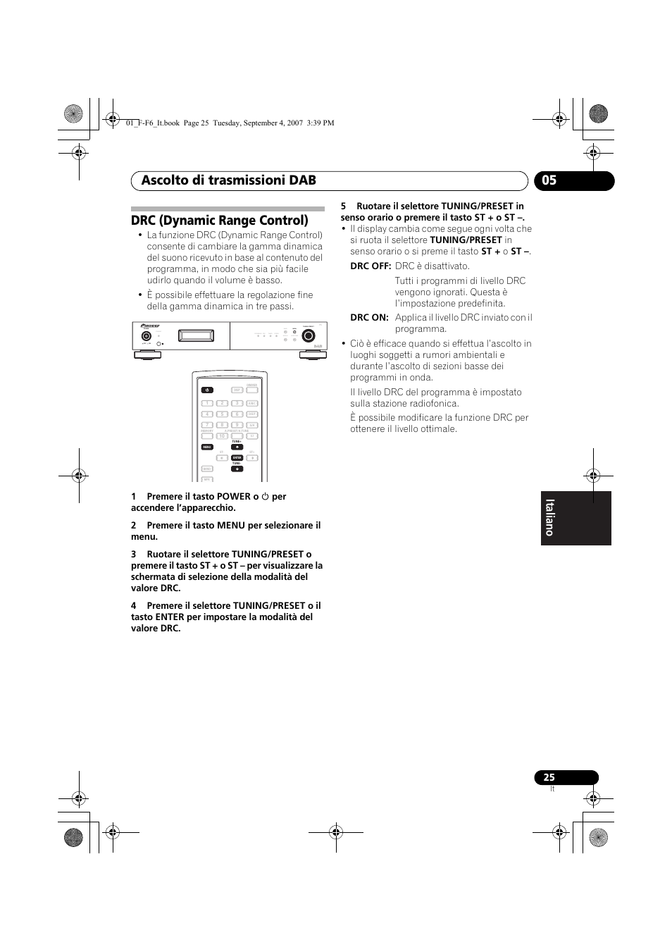 Drc (dynamic range control), Ascolto di trasmissioni dab 05, Standby | Pioneer F-F6-J User Manual | Page 145 / 182