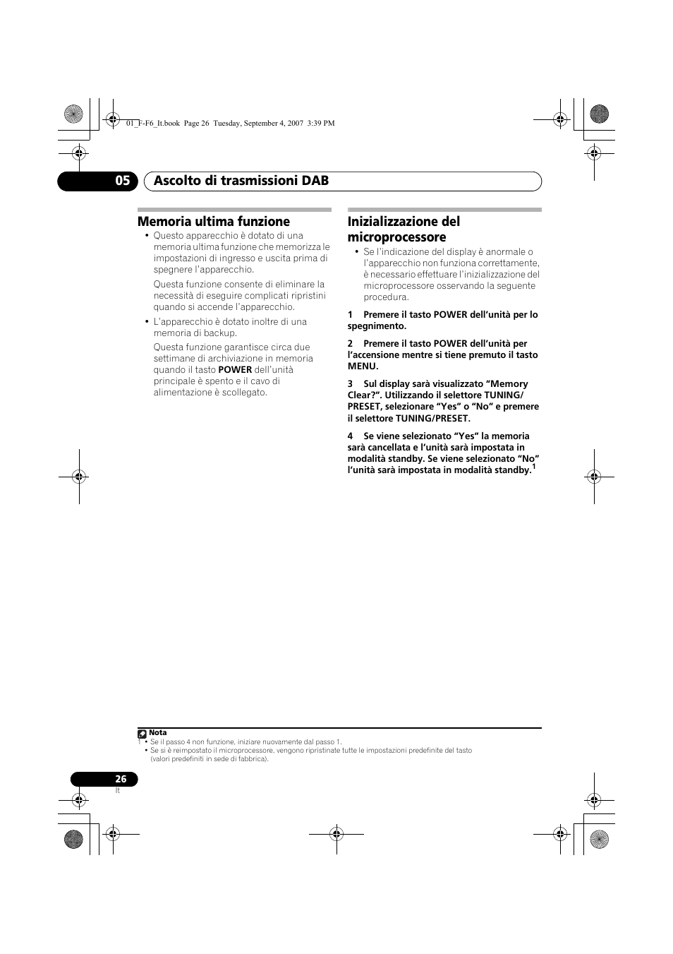 Memoria ultima funzione, Inizializzazione del microprocessore, Ascolto di trasmissioni dab 05 | Pioneer F-F6-J User Manual | Page 146 / 182