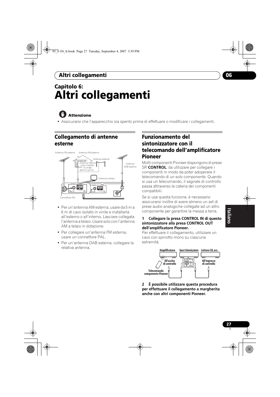 06 altri collegamenti, Collegamento di antenne esterne, Altri collegamenti | Altri collegamenti 06, Capitolo 6 | Pioneer F-F6-J User Manual | Page 147 / 182