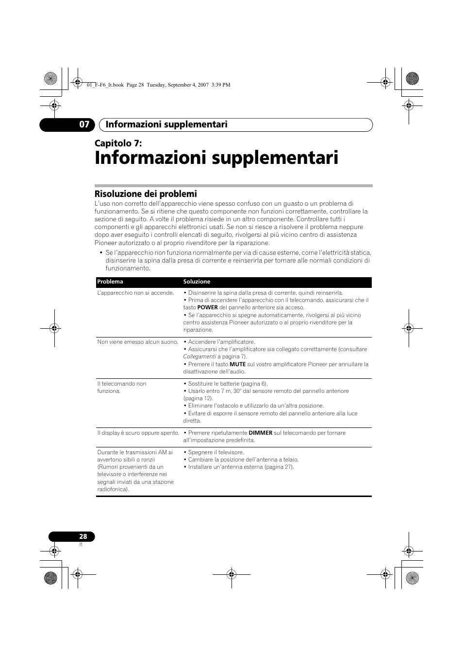 07 informazioni supplementari, Risoluzione dei problemi, Informazioni supplementari | Informazioni supplementari 07, Capitolo 7 | Pioneer F-F6-J User Manual | Page 148 / 182