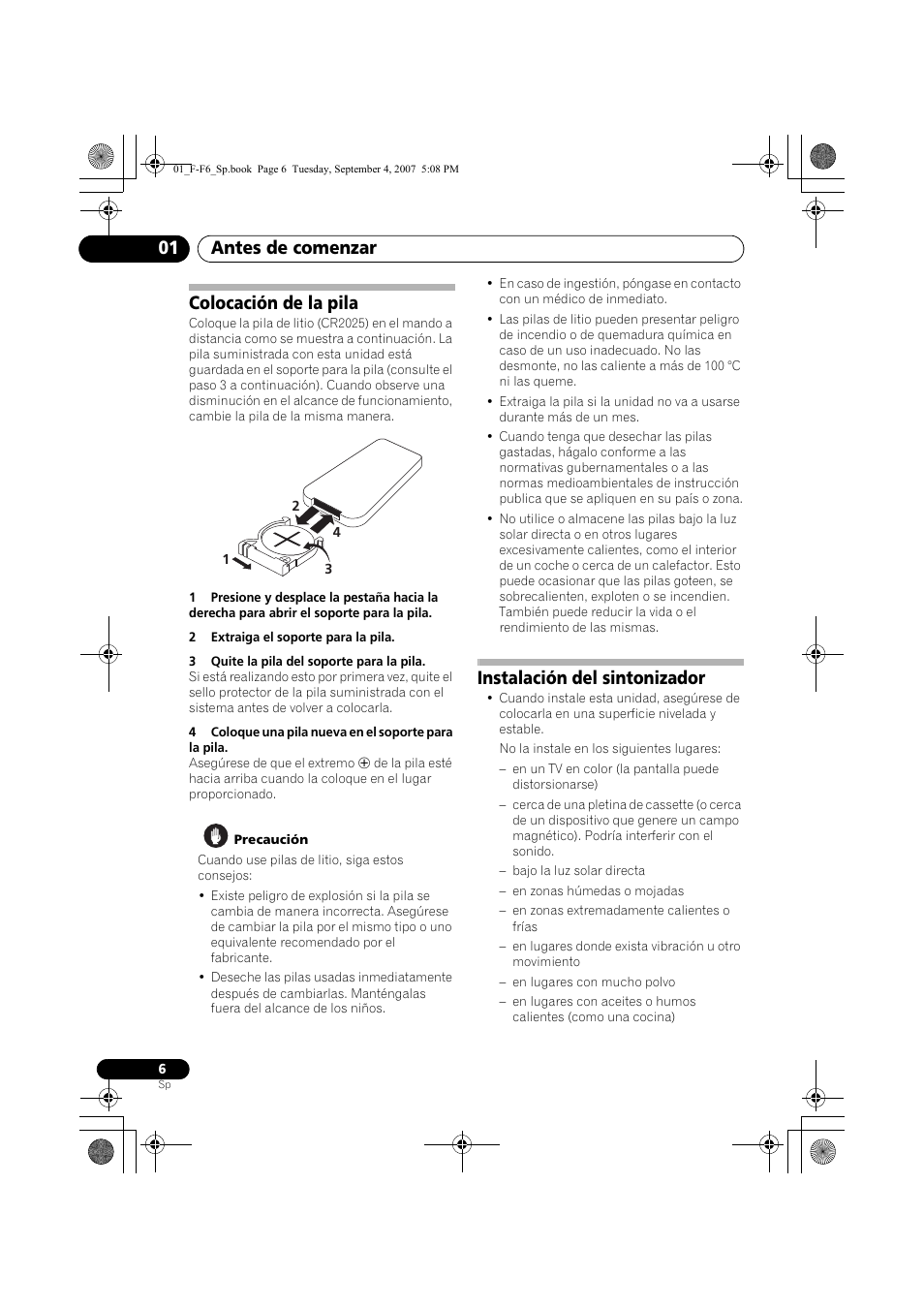 Colocación de la pila, Instalación del sintonizador, Antes de comenzar 01 | Pioneer F-F6-J User Manual | Page 156 / 182