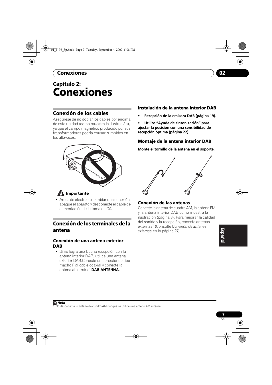 02 conexiones, Conexión de los cables, Conexión de los terminales de la antena | Conexiones, Conexiones 02, Capítulo 2 | Pioneer F-F6-J User Manual | Page 157 / 182