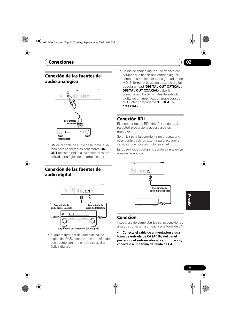 Conexión de las fuentes de audio analógico, Conexión de las fuentes de audio digital, Conexión rdi | Conexión, Conexiones 02 | Pioneer F-F6-J User Manual | Page 159 / 182