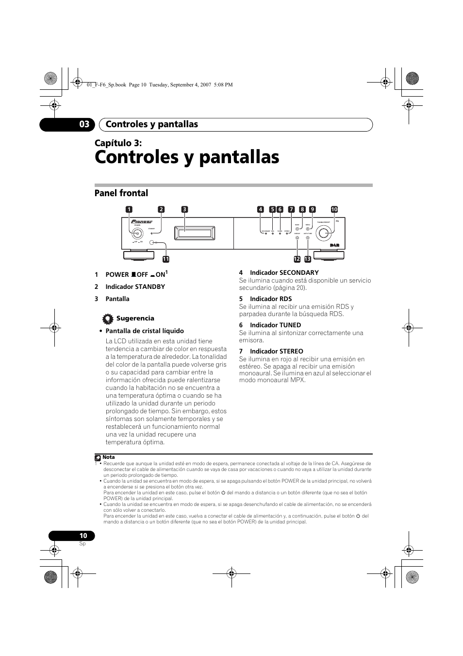 03 controles y pantallas, Panel frontal, Controles y pantallas | Controles y pantallas 03, Capítulo 3 | Pioneer F-F6-J User Manual | Page 160 / 182