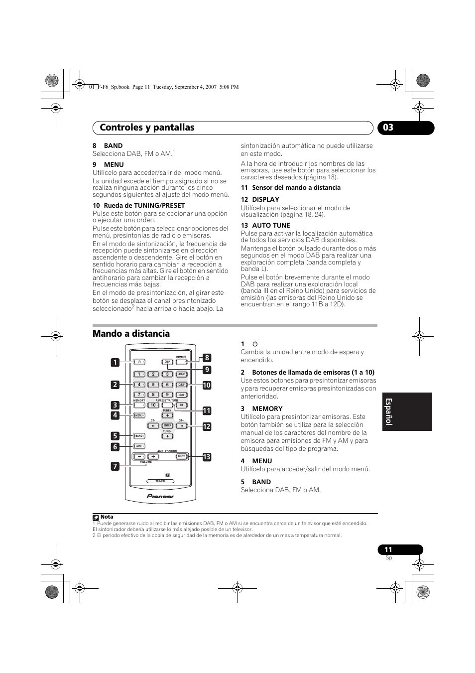 Mando a distancia, Controles y pantallas 03 | Pioneer F-F6-J User Manual | Page 161 / 182