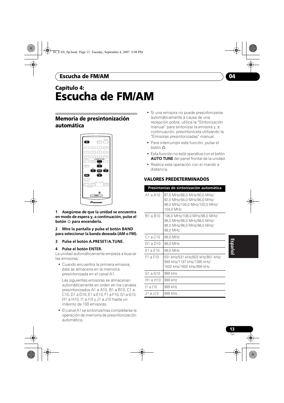 04 escucha de fm/am, Memoria de presintonización automática, Escucha de fm/am | Escucha de fm/am 04, Capítulo 4, Valores predeterminados | Pioneer F-F6-J User Manual | Page 163 / 182