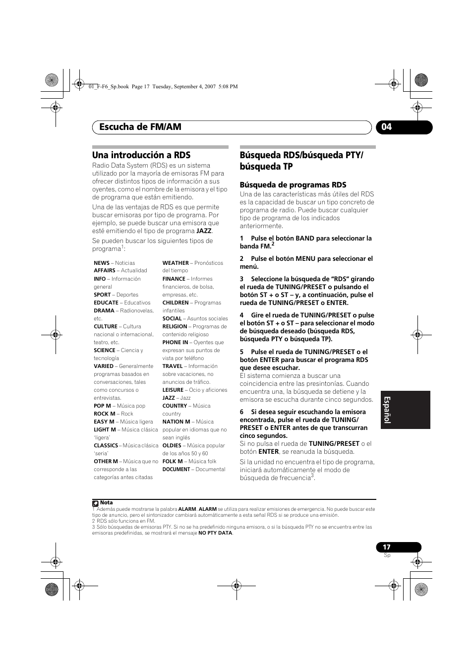 Una introducción a rds, Búsqueda rds/búsqueda pty/ búsqueda tp, Escucha de fm/am 04 | Pioneer F-F6-J User Manual | Page 167 / 182