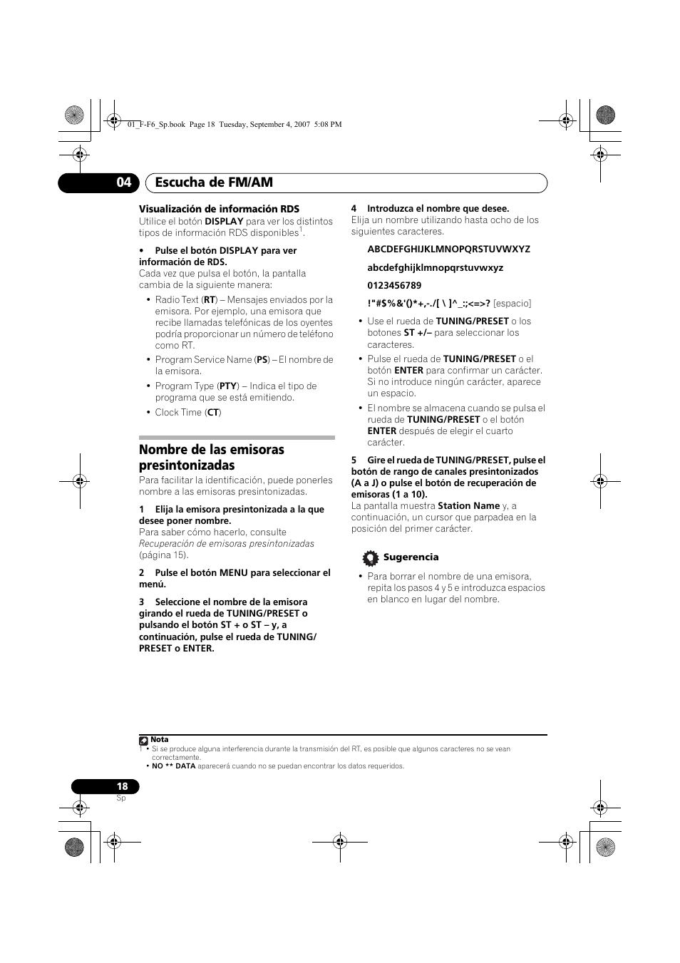 Nombre de las emisoras presintonizadas, Escucha de fm/am 04 | Pioneer F-F6-J User Manual | Page 168 / 182
