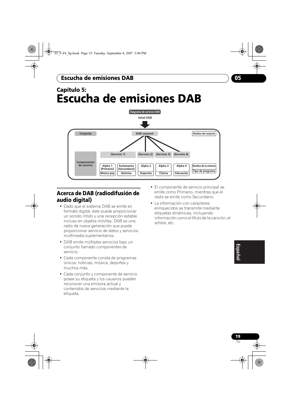 05 escucha de emisiones dab, Acerca de dab (radiodifusión de audio digital), Escucha de emisiones dab | Escucha de emisiones dab 05, Capítulo 5 | Pioneer F-F6-J User Manual | Page 169 / 182
