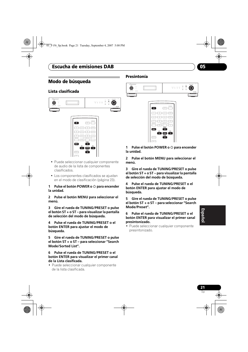 Modo de búsqueda, Escucha de emisiones dab 05, Lista clasificada | Presintonía, Standby | Pioneer F-F6-J User Manual | Page 171 / 182