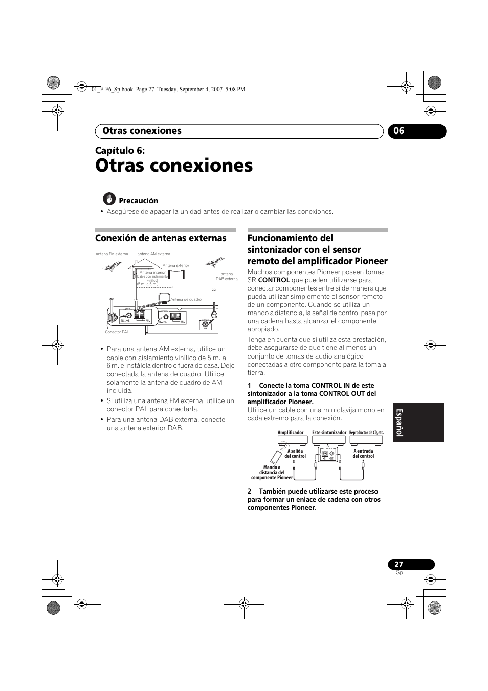 06 otras conexiones, Conexión de antenas externas, Otras conexiones | Otras conexiones 06, Capítulo 6 | Pioneer F-F6-J User Manual | Page 177 / 182