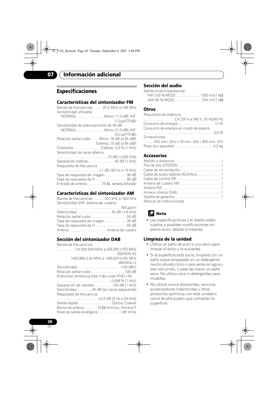 Especificaciones, Información adicional 07 | Pioneer F-F6-J User Manual | Page 180 / 182