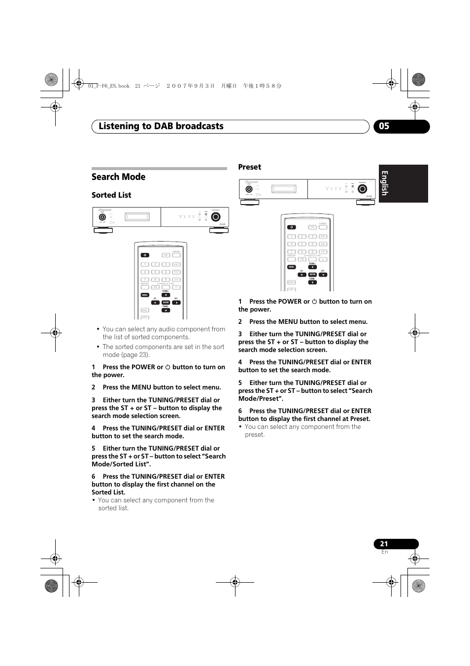 Search mode, Listening to dab broadcasts 05, Sorted list | Preset, Standby | Pioneer F-F6-J User Manual | Page 21 / 182
