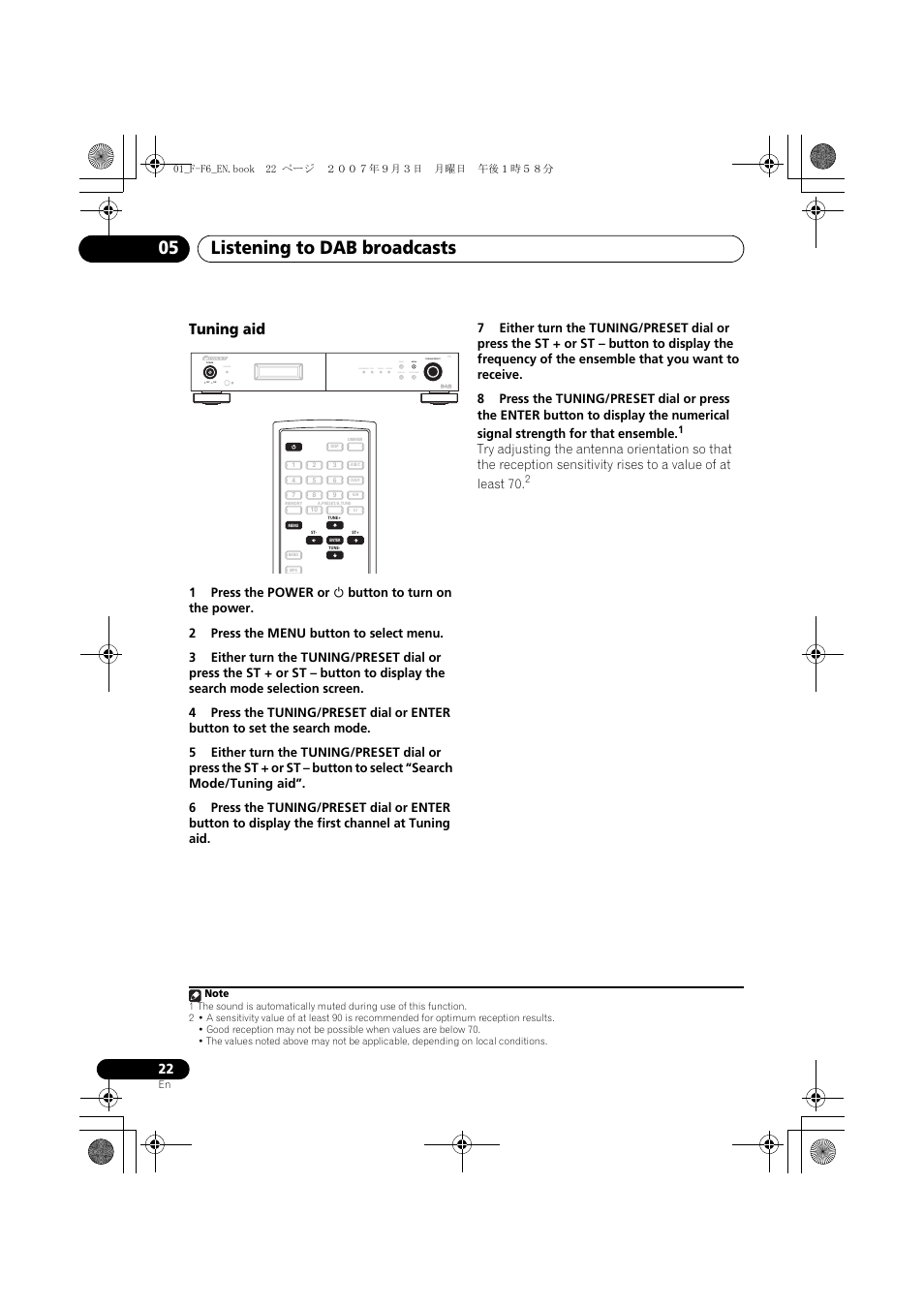 Listening to dab broadcasts 05, Tuning aid, Standby | Pioneer F-F6-J User Manual | Page 22 / 182