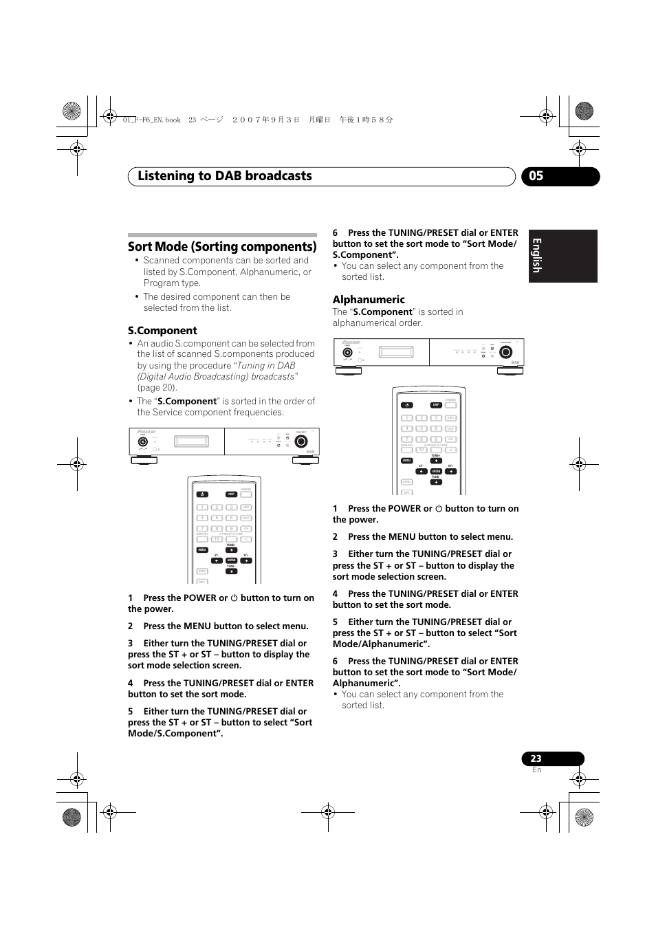 Sort mode (sorting components), Listening to dab broadcasts 05, Alphanumeric | Standby | Pioneer F-F6-J User Manual | Page 23 / 182