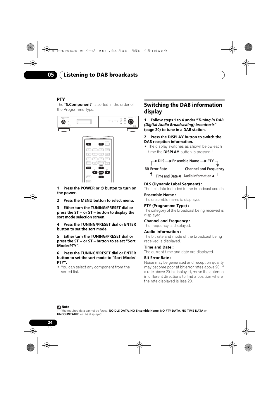 Switching the dab information display, Listening to dab broadcasts 05, Standby | Pioneer F-F6-J User Manual | Page 24 / 182