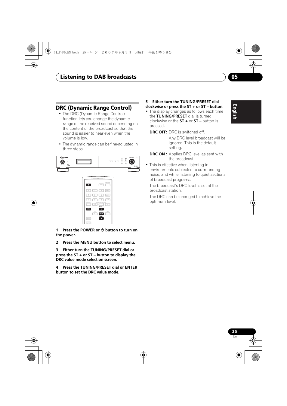 Drc (dynamic range control), Listening to dab broadcasts 05, Standby | Pioneer F-F6-J User Manual | Page 25 / 182