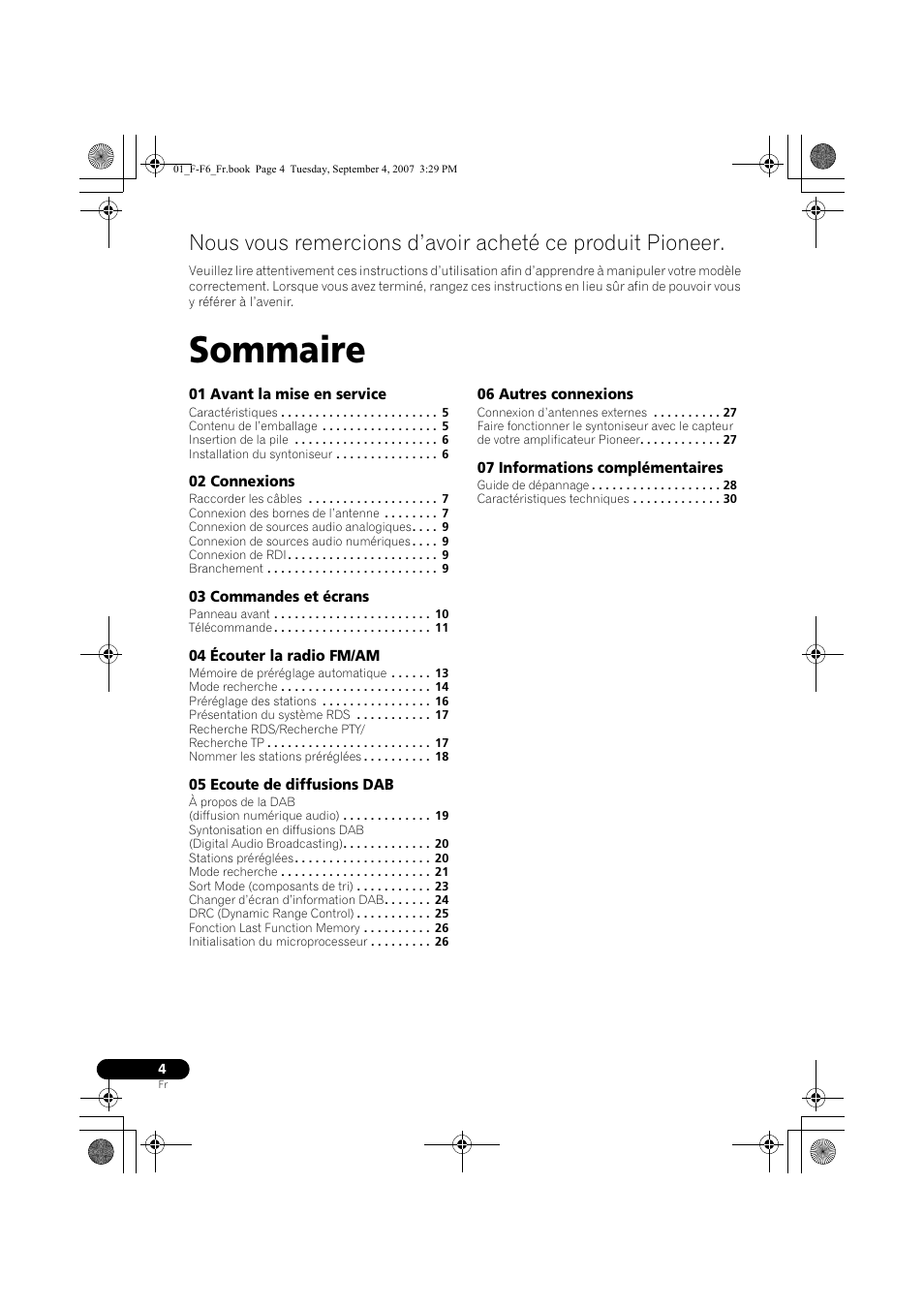 Tuner dab/am/fm, Sommaire | Pioneer F-F6-J User Manual | Page 34 / 182