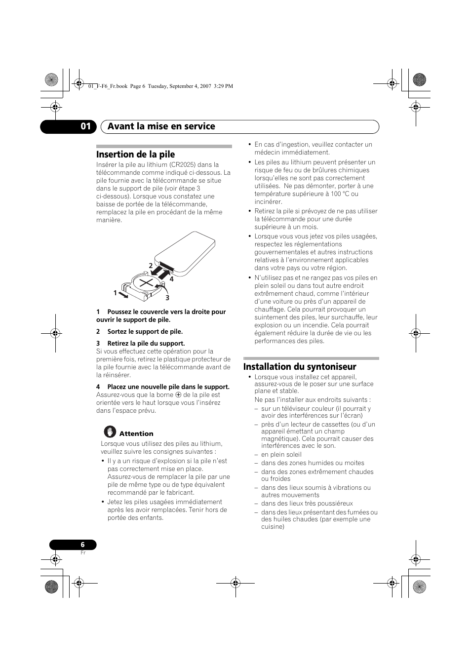 Insertion de la pile, Installation du syntoniseur, Avant la mise en service 01 | Pioneer F-F6-J User Manual | Page 36 / 182