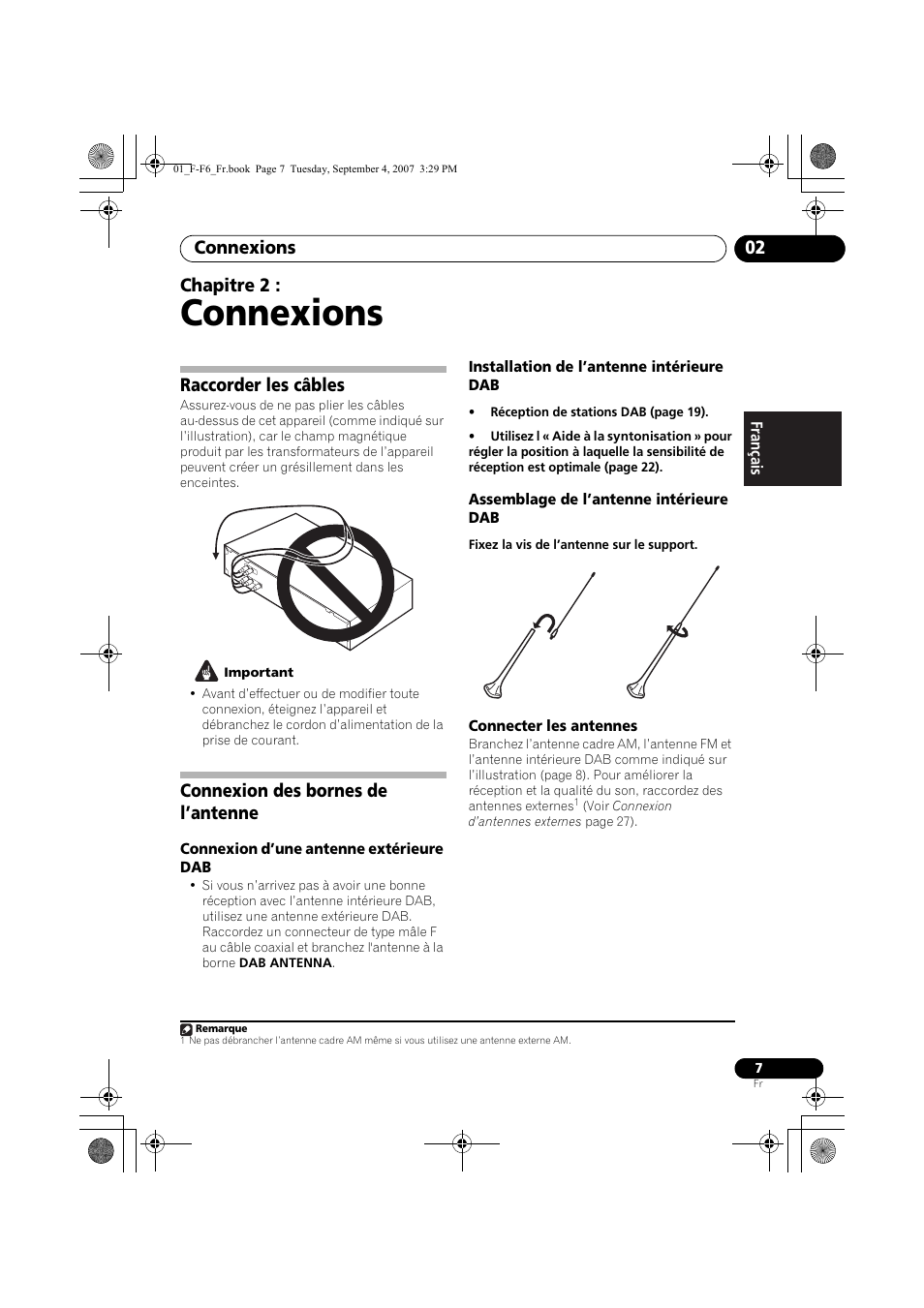 02 connexions, Raccorder les câbles, Connexion des bornes de l’antenne | Connexions, Connexions 02, Chapitre 2 | Pioneer F-F6-J User Manual | Page 37 / 182