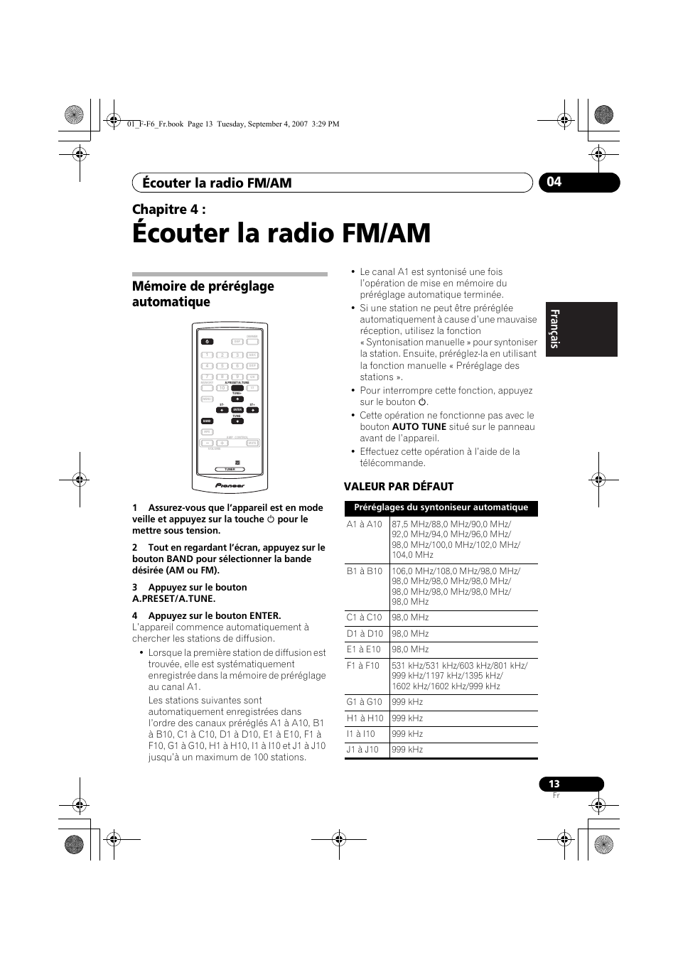 04 écouter la radio fm/am, Mémoire de préréglage automatique, Écouter la radio fm/am | Écouter la radio fm/am 04, Chapitre 4, Valeur par défaut | Pioneer F-F6-J User Manual | Page 43 / 182