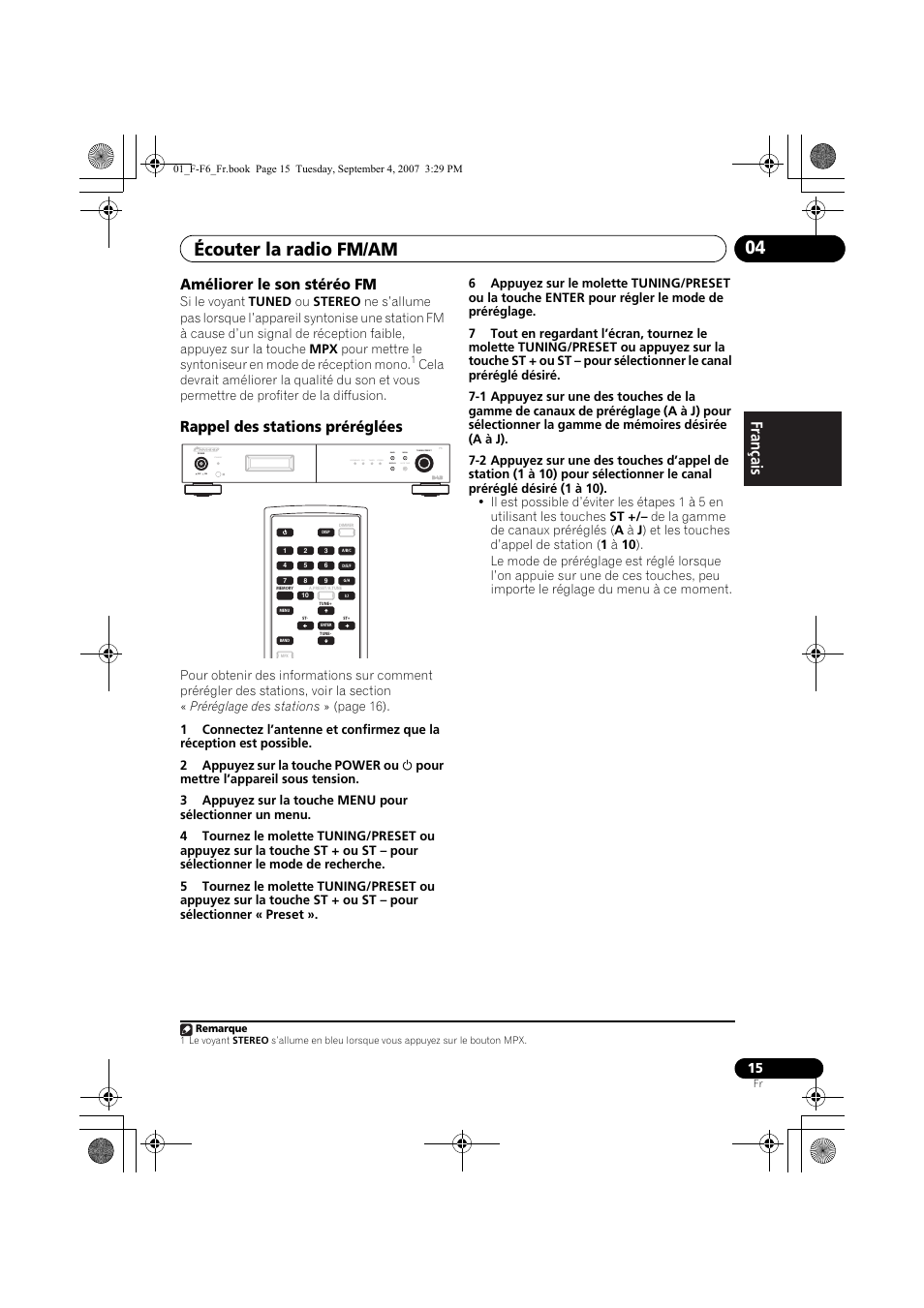 Écouter la radio fm/am 04, Améliorer le son stéréo fm, Rappel des stations préréglées | Standby | Pioneer F-F6-J User Manual | Page 45 / 182