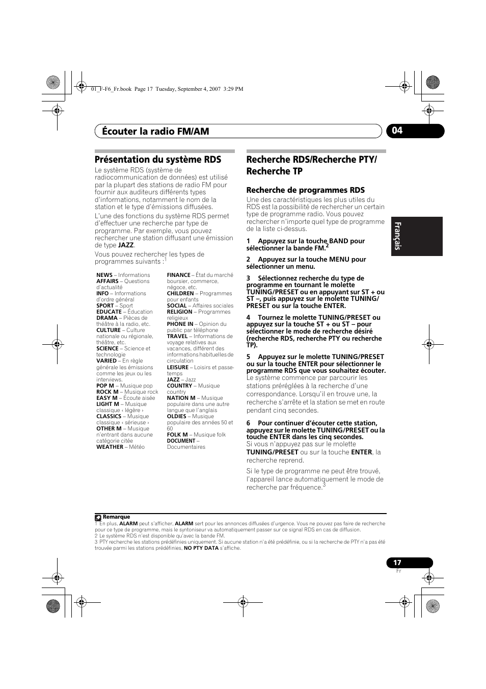 Présentation du système rds, Recherche rds/recherche pty/ recherche tp, Écouter la radio fm/am 04 | Pioneer F-F6-J User Manual | Page 47 / 182