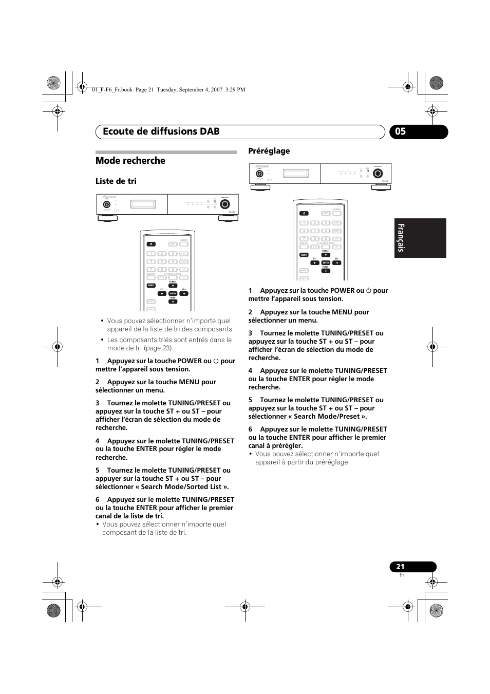 Mode recherche, Ecoute de diffusions dab 05, Liste de tri | Préréglage, Standby | Pioneer F-F6-J User Manual | Page 51 / 182