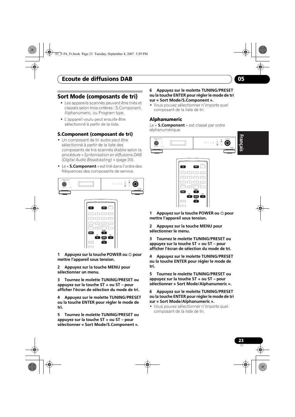 Sort mode (composants de tri), Ecoute de diffusions dab 05, Alphanumeric | Standby | Pioneer F-F6-J User Manual | Page 53 / 182