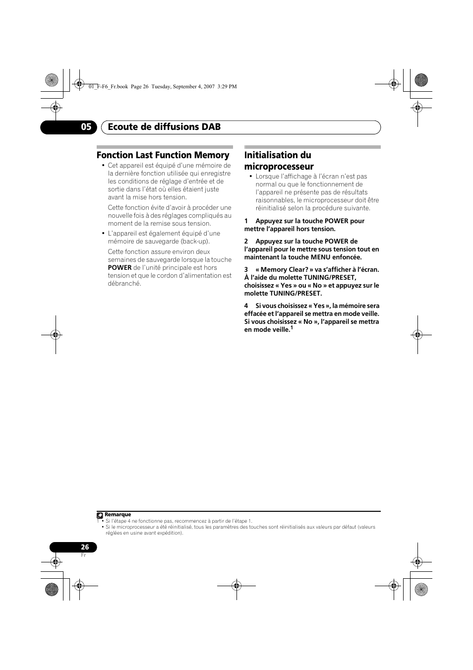 Fonction last function memory, Initialisation du microprocesseur, Ecoute de diffusions dab 05 | Pioneer F-F6-J User Manual | Page 56 / 182