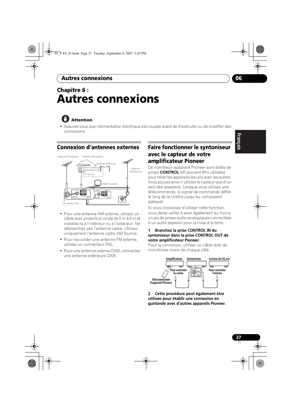 06 autres connexions, Connexion d’antennes externes, Autres connexions | Autres connexions 06, Chapitre 6 | Pioneer F-F6-J User Manual | Page 57 / 182