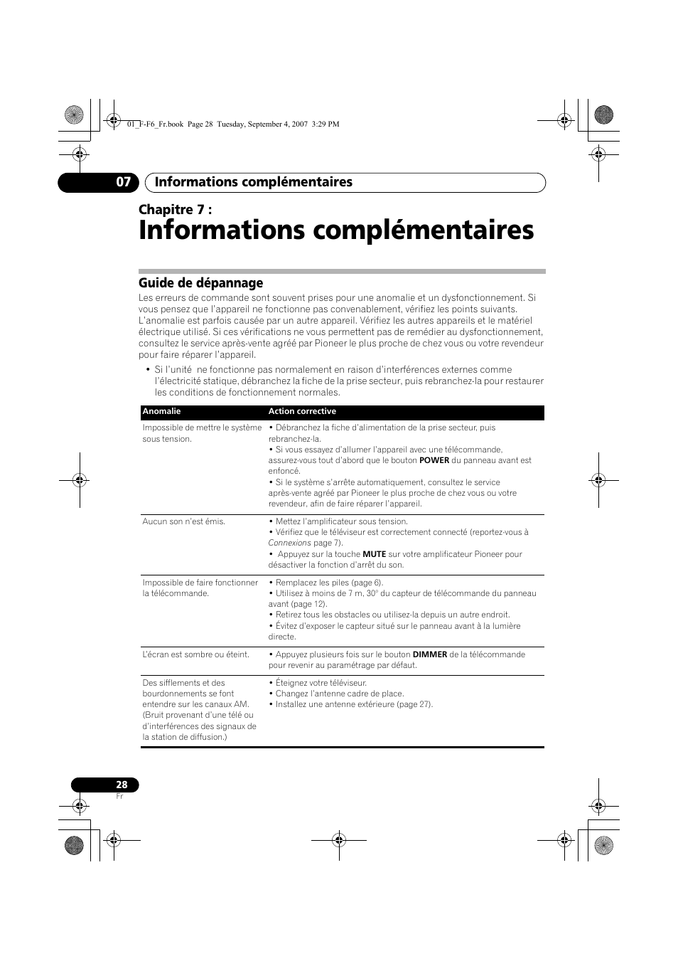 07 informations complémentaires, Guide de dépannage, Informations complémentaires | Informations complémentaires 07, Chapitre 7 | Pioneer F-F6-J User Manual | Page 58 / 182