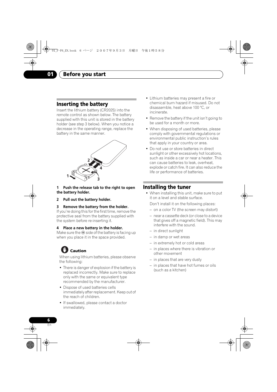 Inserting the battery, Installing the tuner, Before you start 01 | Pioneer F-F6-J User Manual | Page 6 / 182