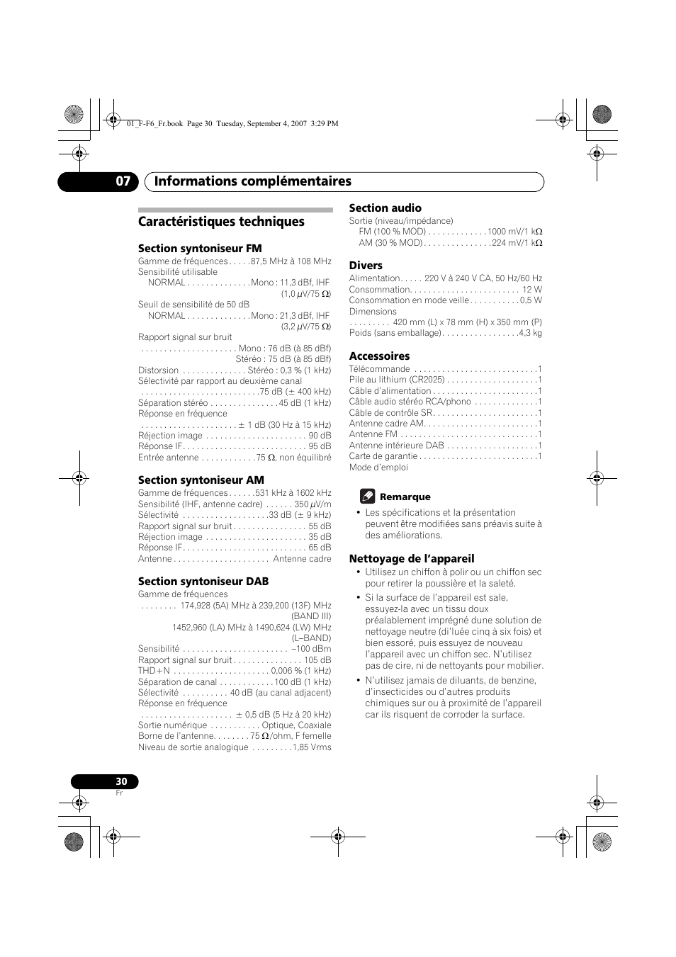 Caractéristiques techniques, Informations complémentaires 07 | Pioneer F-F6-J User Manual | Page 60 / 182