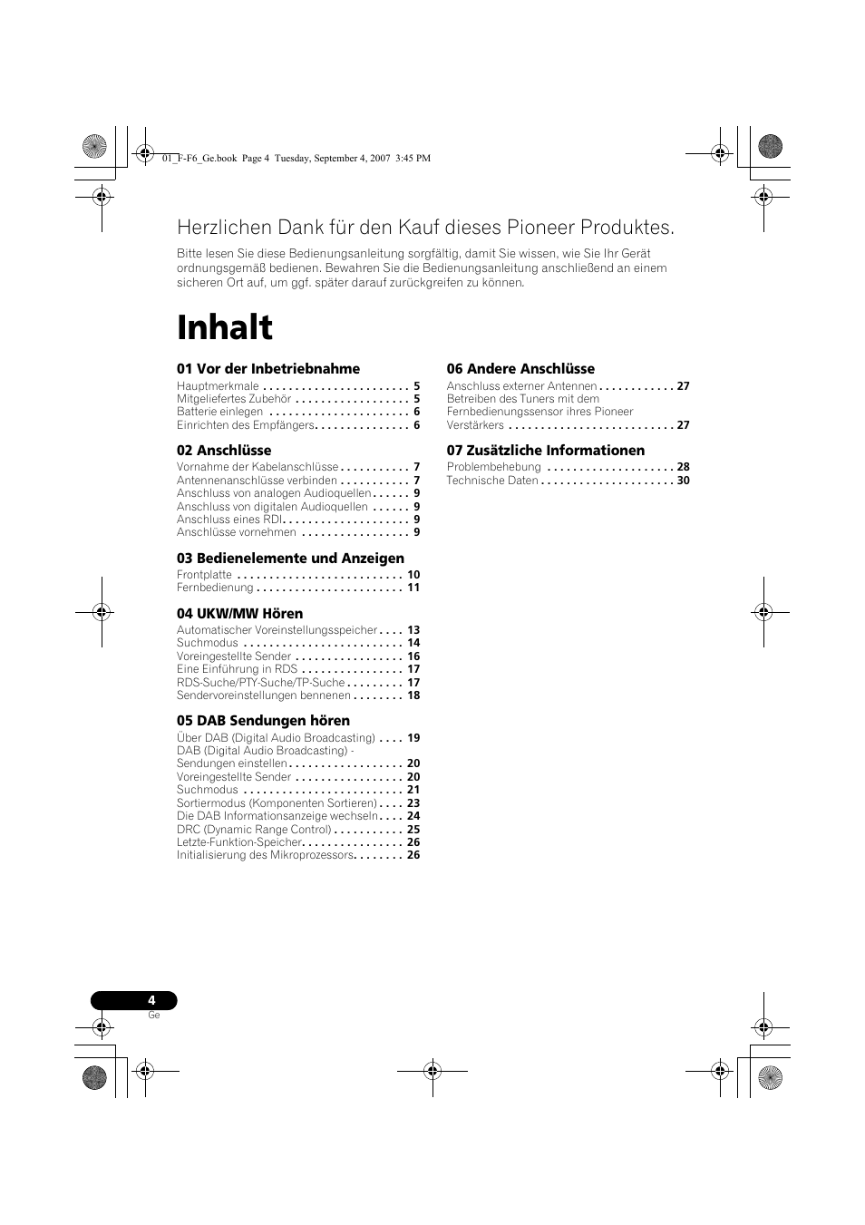 Dab/ukw/mw-tuner, Inhalt | Pioneer F-F6-J User Manual | Page 64 / 182