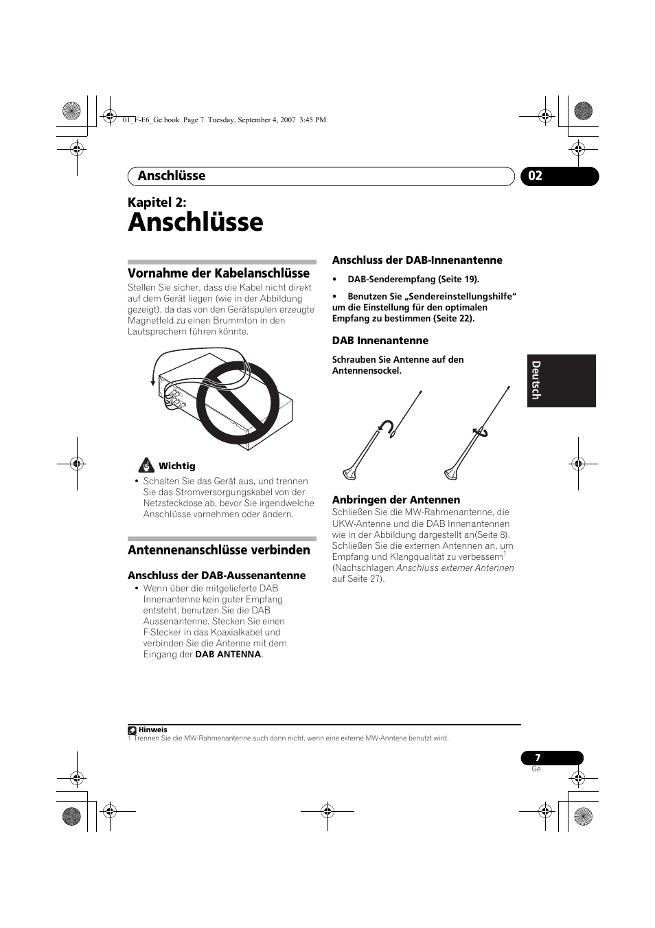 02 anschlüsse, Vornahme der kabelanschlüsse, Antennenanschlüsse verbinden | Anschlüsse, Anschlüsse 02, Kapitel 2 | Pioneer F-F6-J User Manual | Page 67 / 182