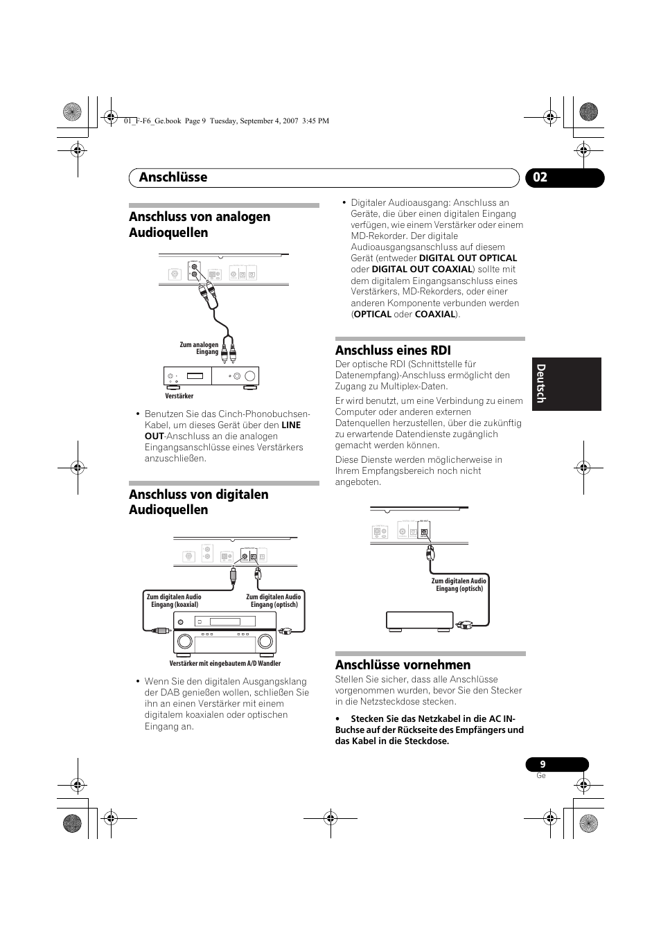 Anschluss von analogen audioquellen, Anschluss von digitalen audioquellen, Anschluss eines rdi | Anschlüsse vornehmen, Anschlüsse 02 | Pioneer F-F6-J User Manual | Page 69 / 182