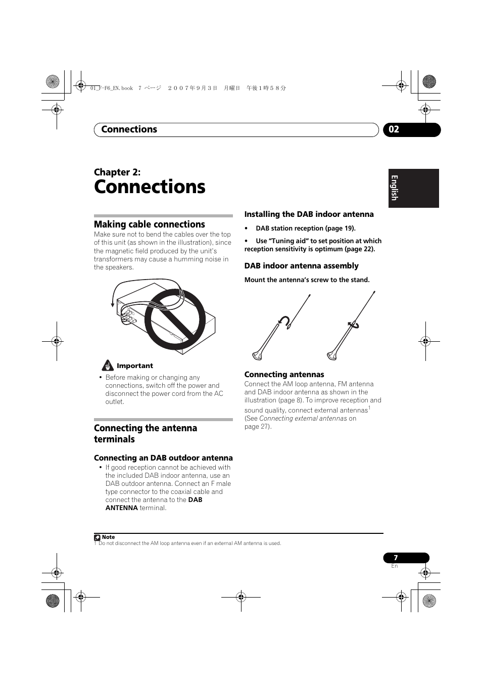 02 connections, Making cable connections, Connecting the antenna terminals | Connections, Connections 02, Chapter 2 | Pioneer F-F6-J User Manual | Page 7 / 182