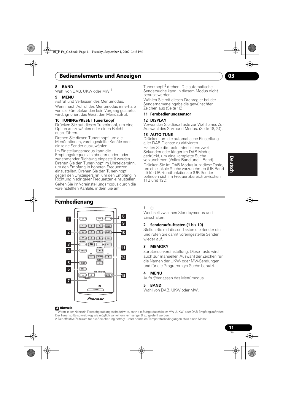Fernbedienung, Bedienelemente und anzeigen 03 | Pioneer F-F6-J User Manual | Page 71 / 182