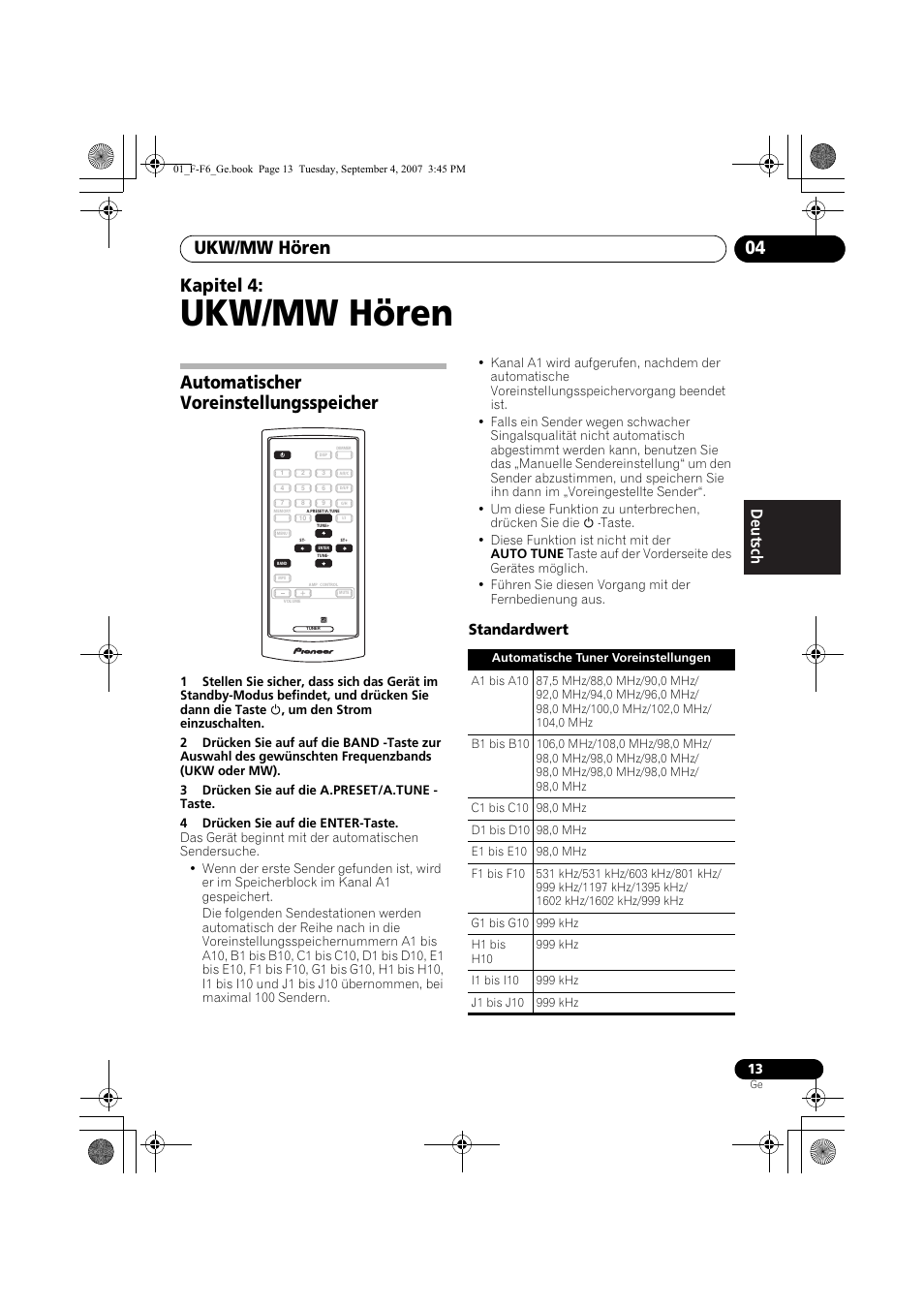 04 ukw/mw hören, Automatischer voreinstellungsspeicher, Ukw/mw hören | Ukw/mw hören 04, Kapitel 4, Standardwert | Pioneer F-F6-J User Manual | Page 73 / 182