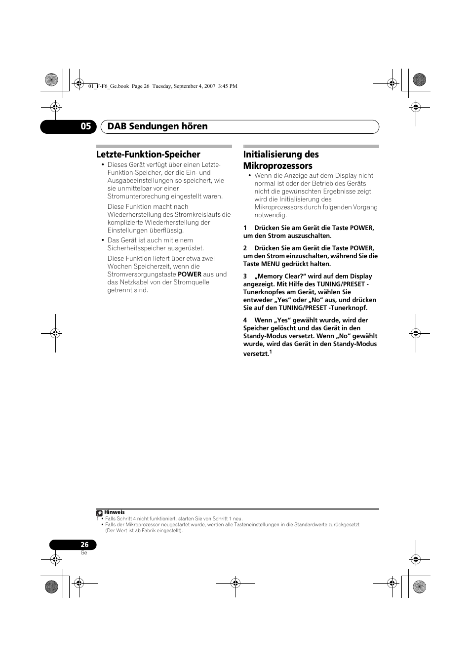 Letzte-funktion-speicher, Initialisierung des mikroprozessors, Dab sendungen hören 05 | Pioneer F-F6-J User Manual | Page 86 / 182