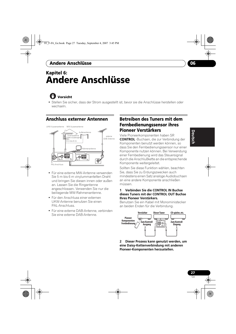 06 andere anschlüsse, Anschluss externer antennen, Andere anschlüsse | Andere anschlüsse 06, Kapitel 6 | Pioneer F-F6-J User Manual | Page 87 / 182