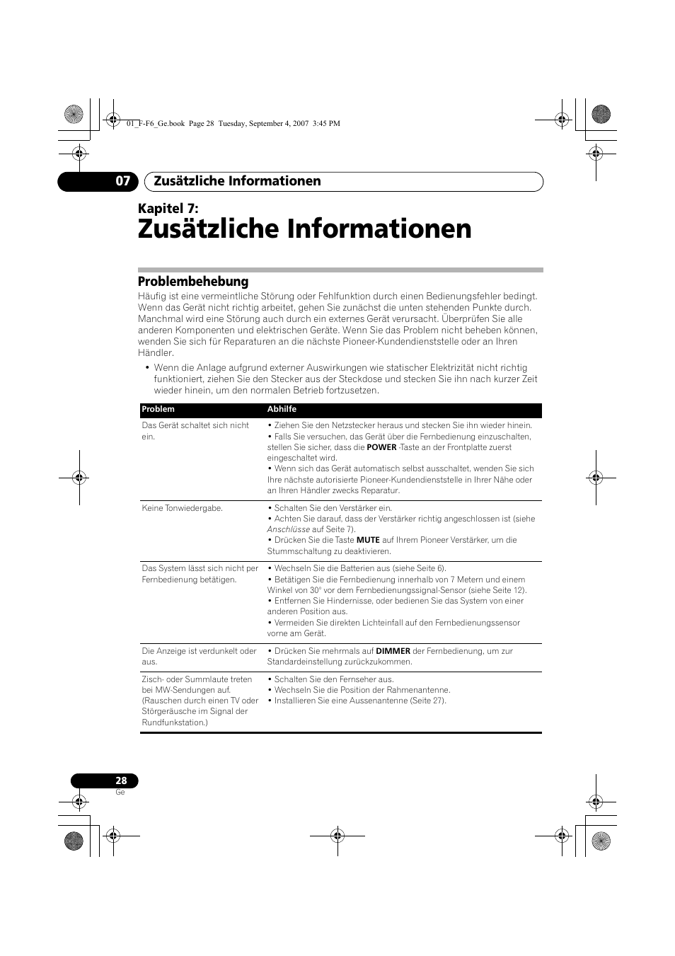 07 zusätzliche informationen, Problembehebung, Zusätzliche informationen | Zusätzliche informationen 07, Kapitel 7 | Pioneer F-F6-J User Manual | Page 88 / 182