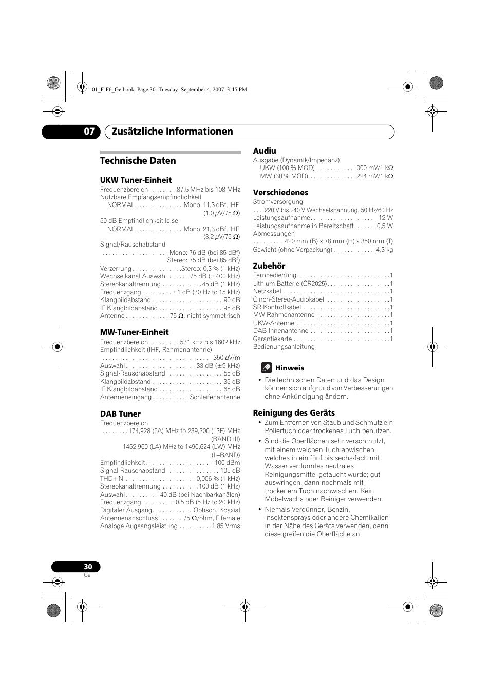 Technische daten, Zusätzliche informationen 07 | Pioneer F-F6-J User Manual | Page 90 / 182