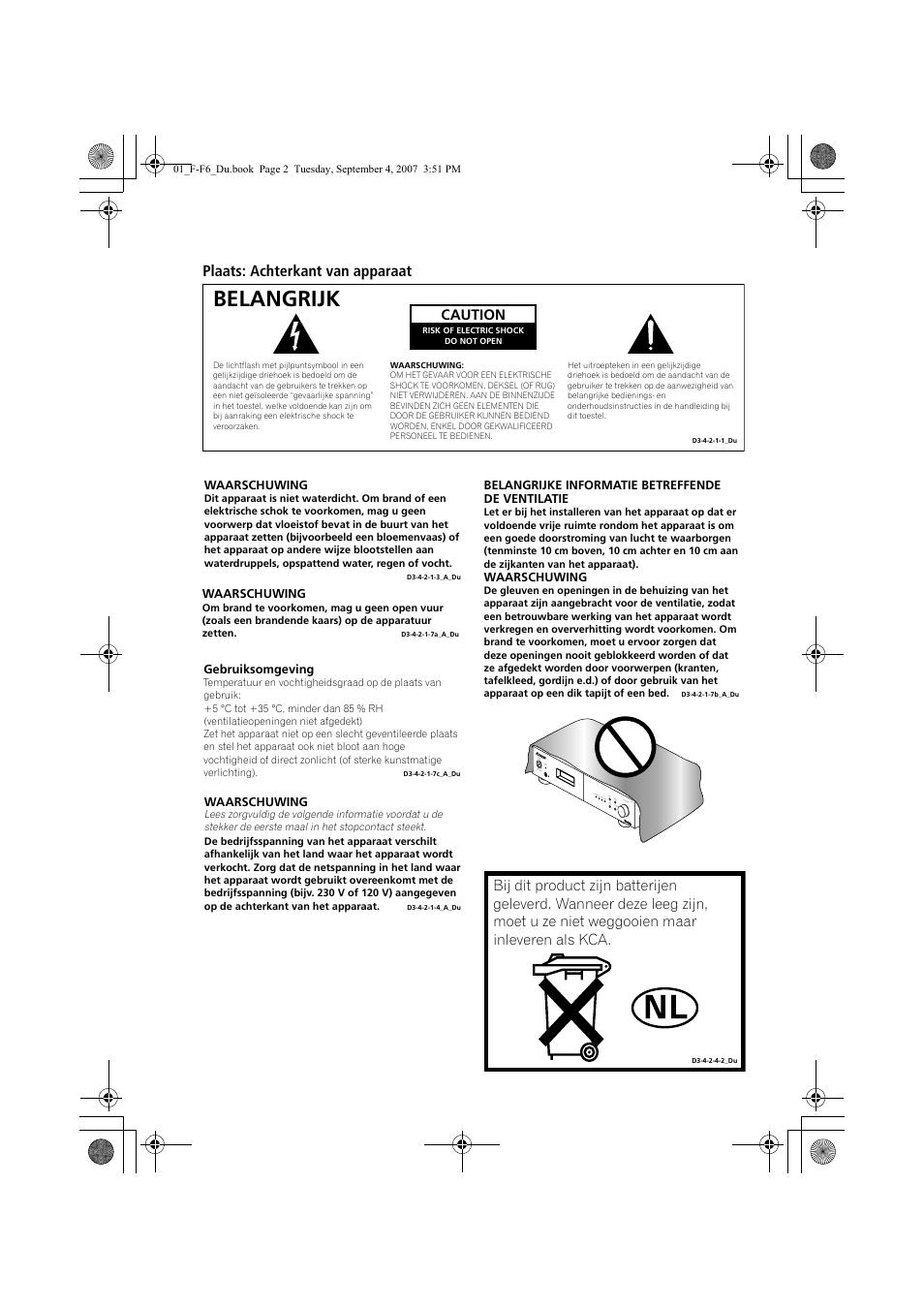 Belangrijk, Plaats: achterkant van apparaat | Pioneer F-F6-J User Manual | Page 92 / 182