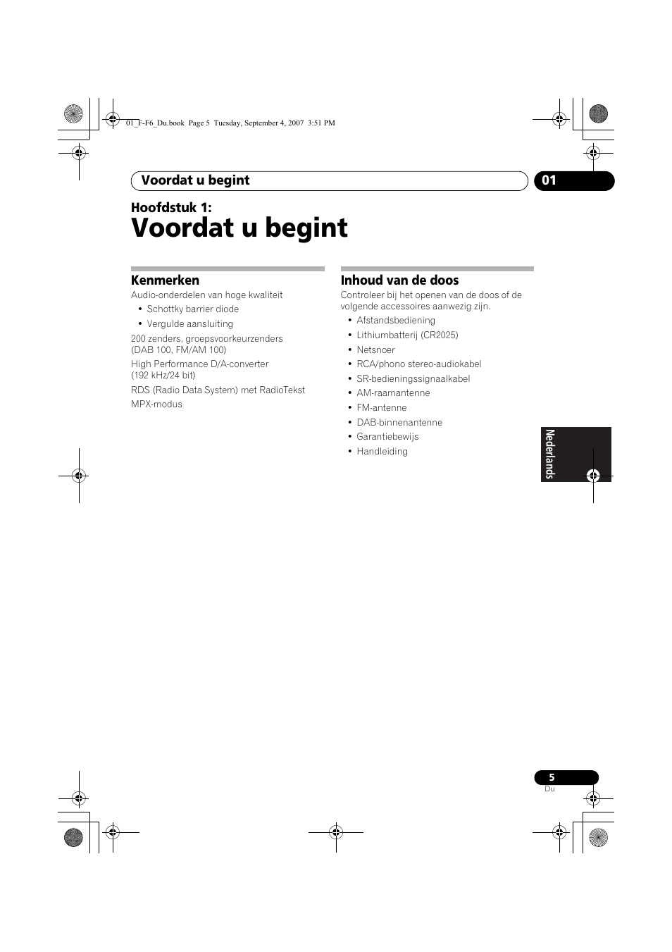 01 voordat u begint, Kenmerken, Inhoud van de doos | Voordat u begint, Voordat u begint 01, Hoofdstuk 1 | Pioneer F-F6-J User Manual | Page 95 / 182